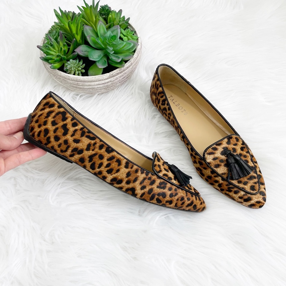 Talbots Francesca Tassel Tie Moccasins Leopard Calf Hair Loafers Size 6.5